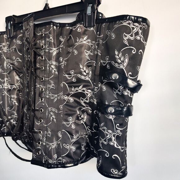 38" Black Silver Satin Underbust Wench Corset Tapestry Floral Embroidery Lace-Up - Picture 11 of 11